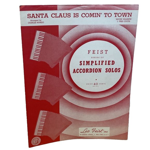 Santa Claus Is Comin' To Town Feist Simplified Accordion Solo 1940s Sheet Music - Picture 1 of 6